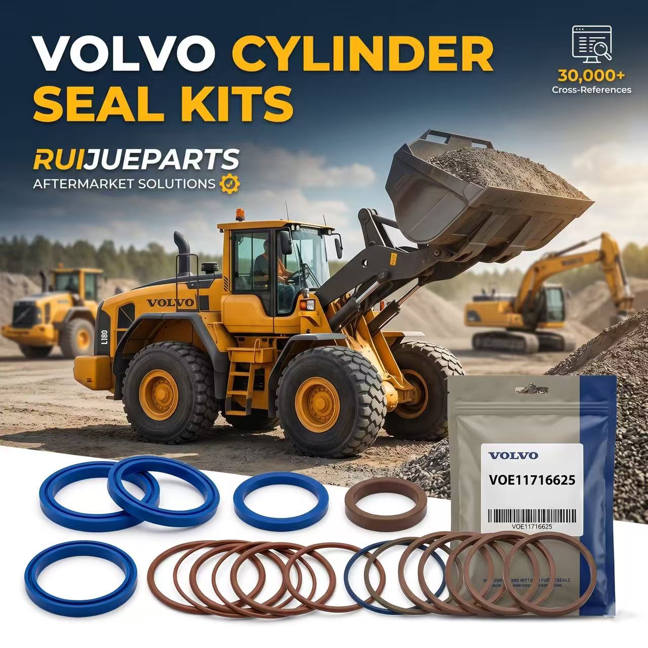 Ruijueparts aftermarket VOLVO hydraulic cylinder seal kits with a 1:1 OEM-equivalent VOE11716625 repair group package on a heavy construction site loader background