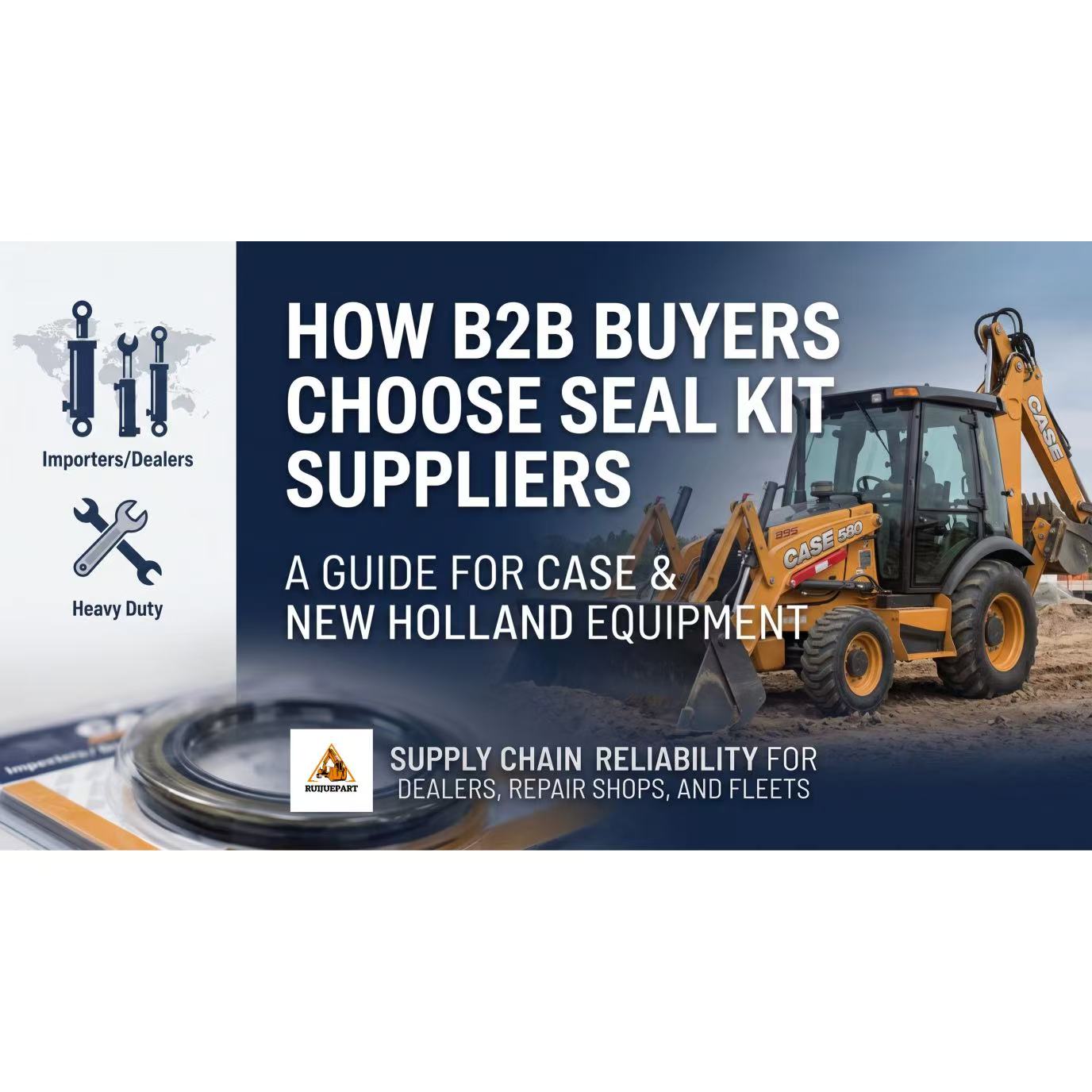 A professional blog header image with faint blue industrial icons (hydraulic cylinders, a world map, wrenches) on the left background and a yellow CASE 580 or New Holland B95 backhoe loader on the right background. 
