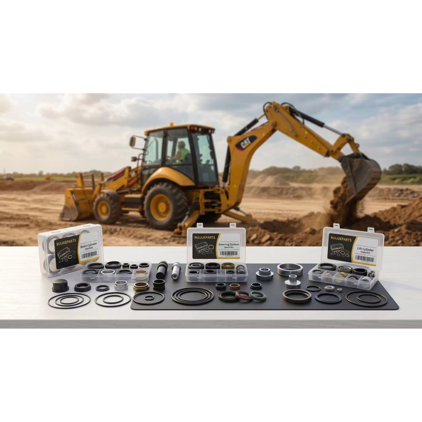 Premium aftermarket CAT hydraulic seal kits branded by Ruijueparts, sorted for boom, steering, and lift cylinders, with a yellow backhoe loader operating in the background.