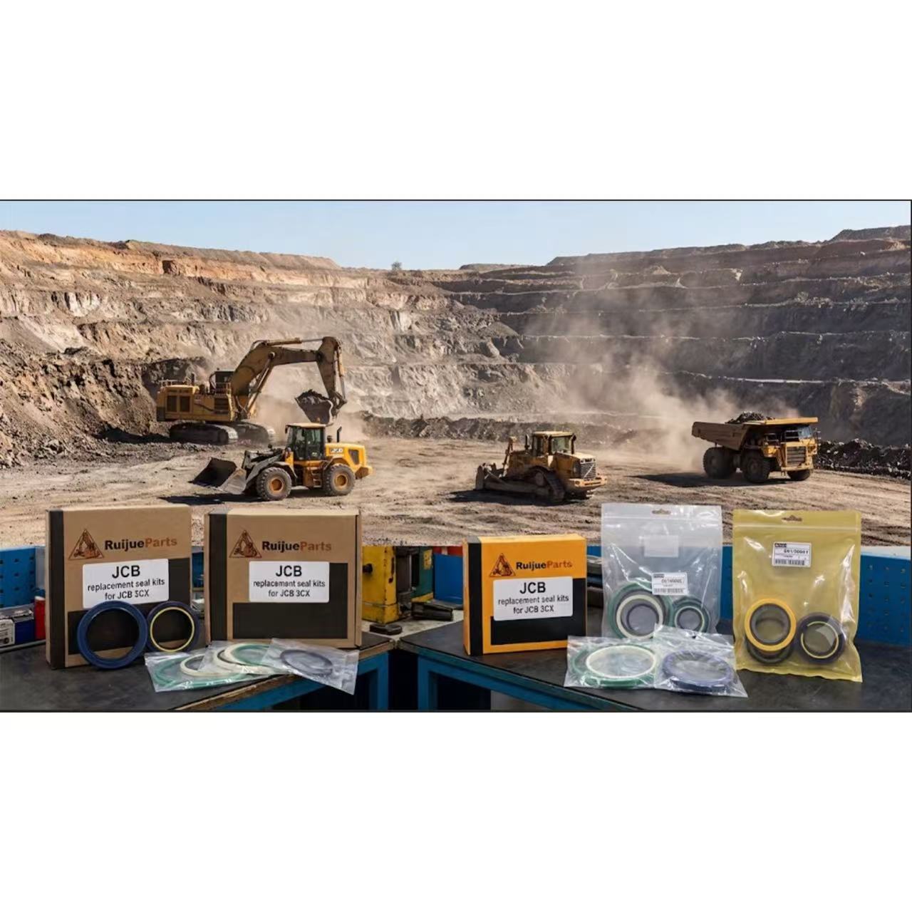 Ruijueparts B2B aftermarket hydraulic seal kits for JCB 3CX backhoe loaders displayed in the foreground, with heavy machinery including an excavator, loader, and dump truck operating in an open-pit mine background.