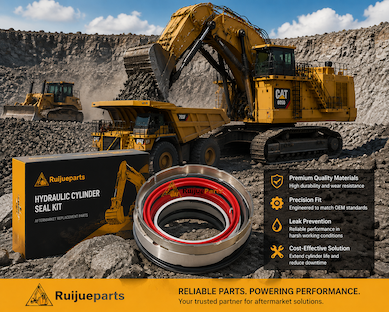 Ruijueparts hydraulic cylinder seal kit for CAT 6050 mining excavator, displayed in front of an open-pit mine with heavy-duty mining equipment including hydraulic excavator, haul truck, and bulldozer.