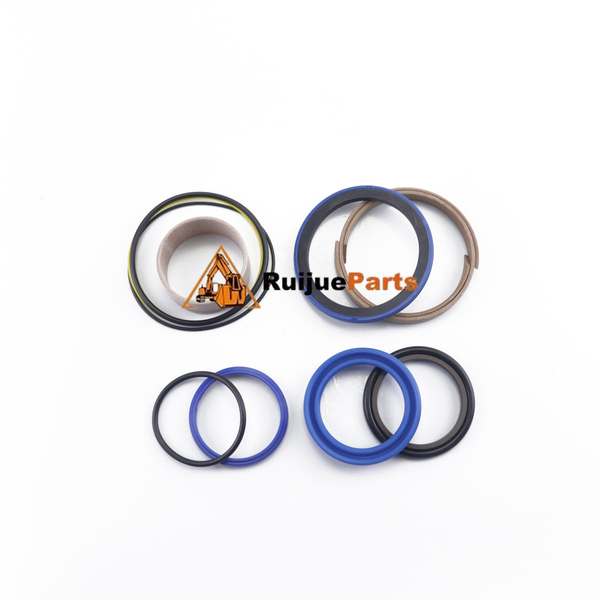 VOE11709617 aftermarket loader lift cylinder seal kit for Volvo, seals arranged on a white background